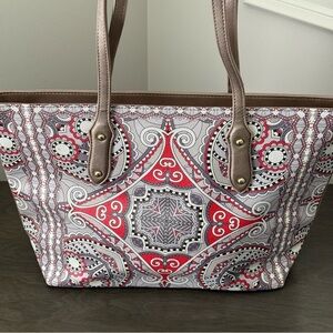 David Jones Stylish Red and Gray Patterned Tote Bag